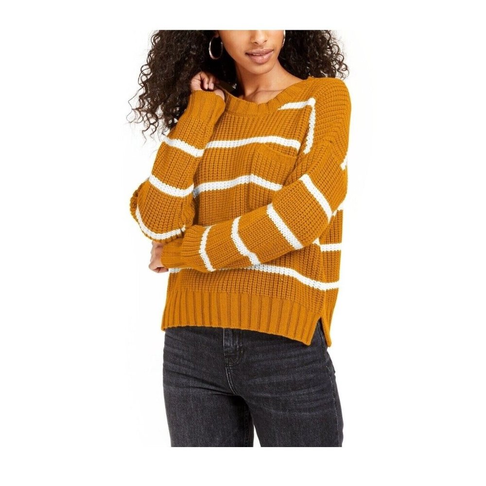 Hippie Rose Juniors S Gold Striped Long Sleeve Pocket Oversized Sweater NWT AV36